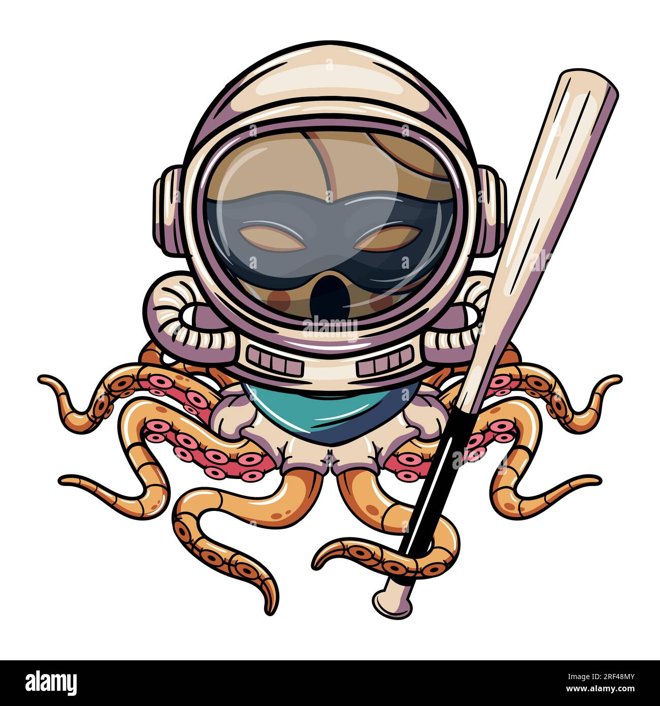 Cartoon-Oktopus-Cyborg-Astronautenfigur mit Raumanzug und Baseballschläger. Illustration für Fantasie, Science-Fiction und Abenteuer-Comics Stock Vektor