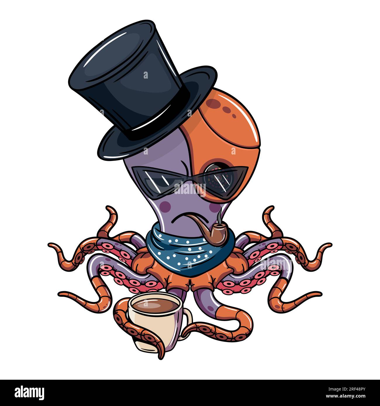 Cartoon Angry Cyborg Oktopus Charakter raucht eine Pfeife mit einer Tasse Kaffee. Illustration für Fantasie, Science-Fiction und Abenteuer-Comics Stock Vektor