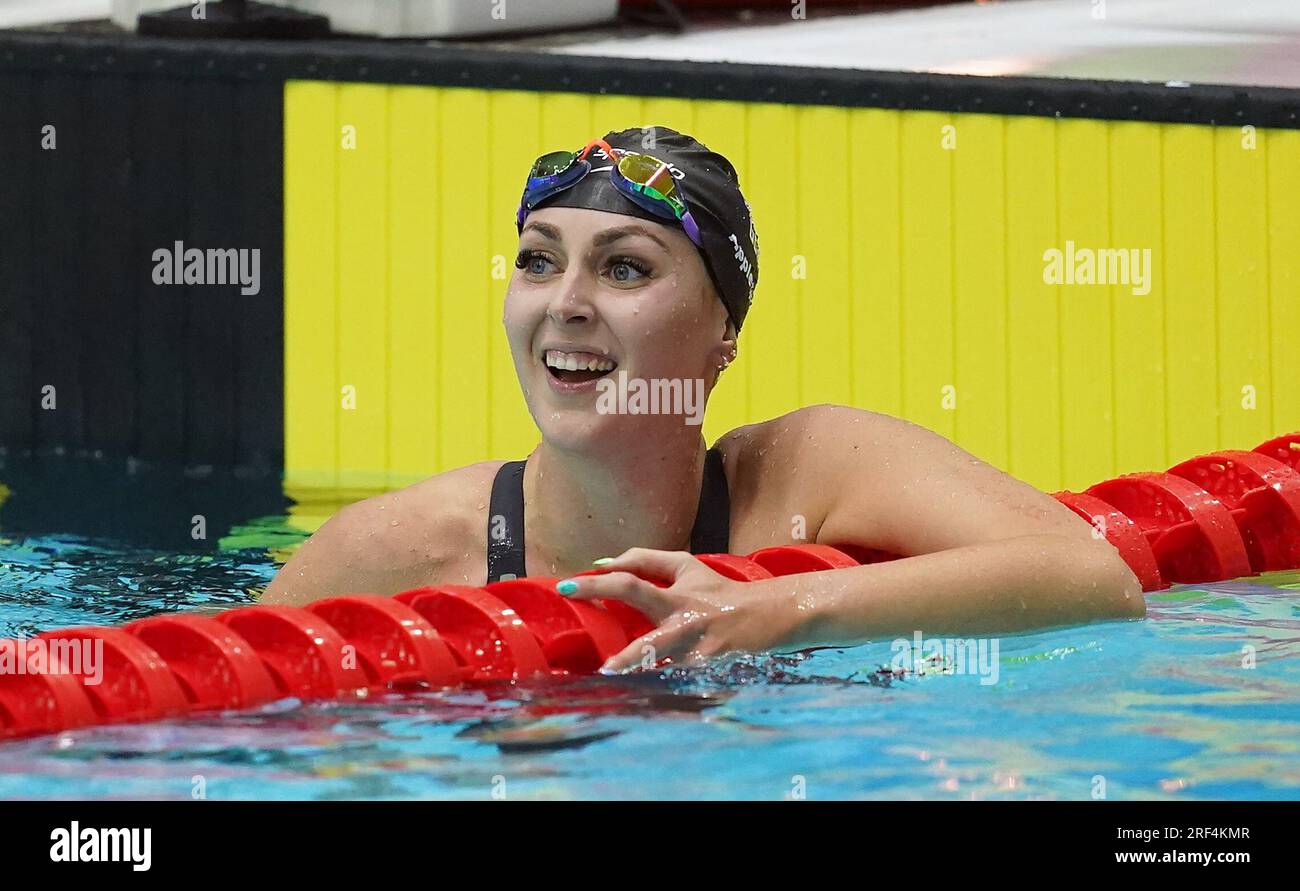 Die britische Jessica-Jane Applegate feiert den Sieg im Freestyle S14-Finale der Frauen 200m an Tag eins der Para Swimming World Championships 2023 im Manchester Aquatics Centre in Manchester. Foto: Montag, 31. Juli 2023. Stockfoto