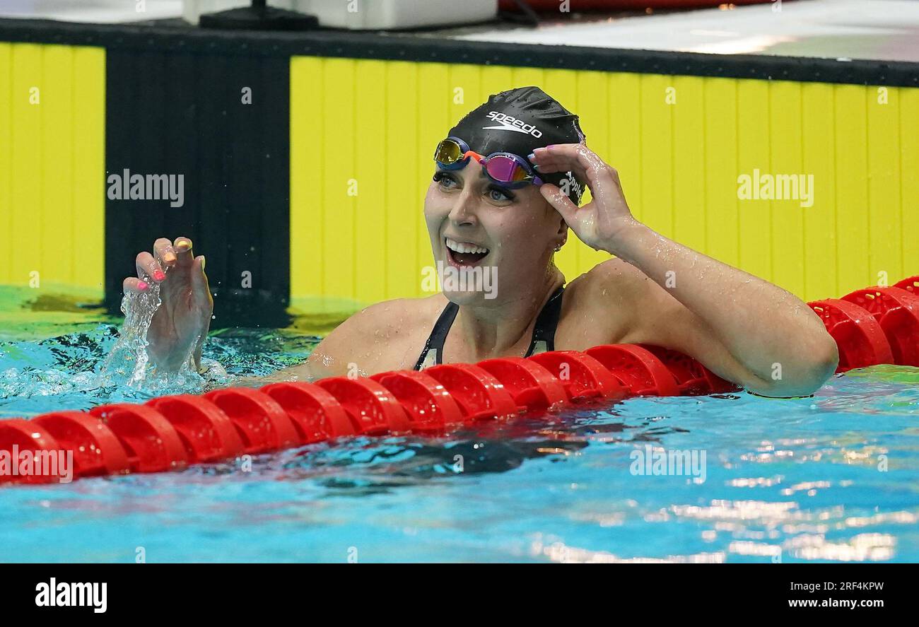 Die britische Jessica-Jane Applegate feiert den Sieg im Freestyle S14-Finale der Frauen 200m an Tag eins der Para Swimming World Championships 2023 im Manchester Aquatics Centre in Manchester. Foto: Montag, 31. Juli 2023. Stockfoto