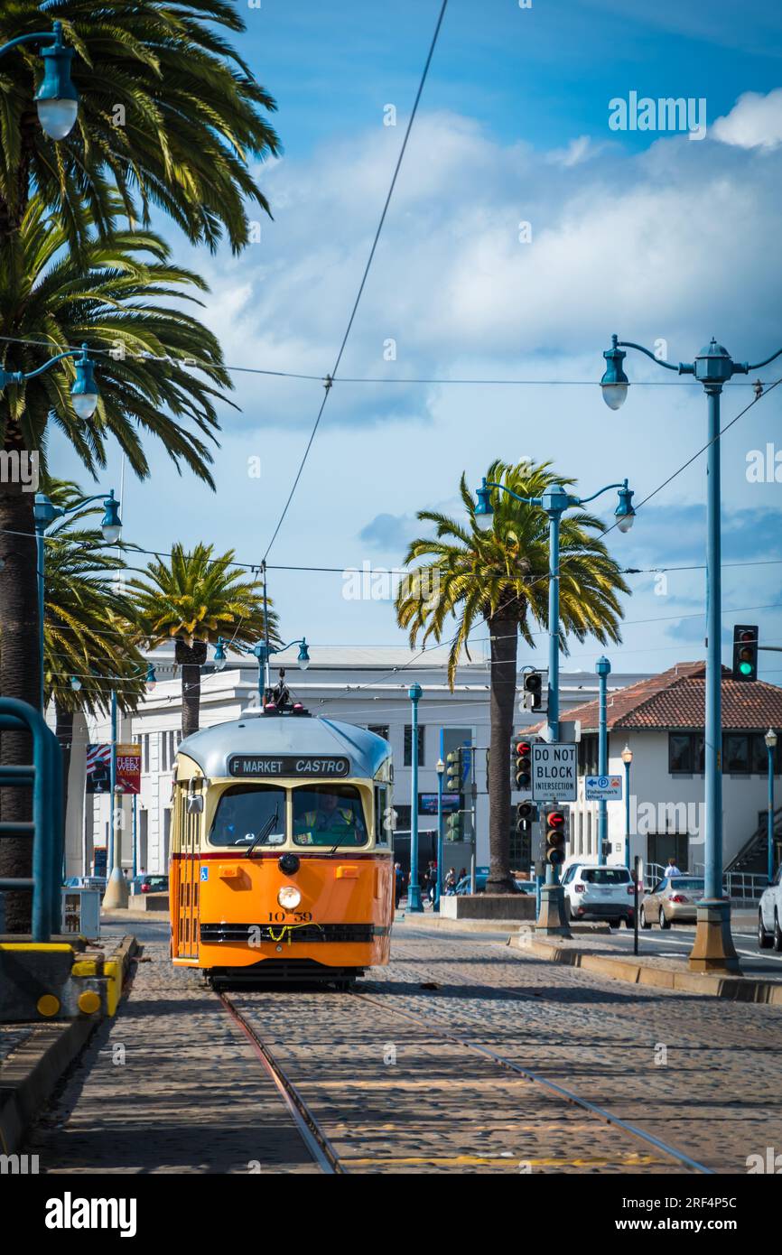Orangefarbene Straßenbahn in San Francisco unter Palmen, Kalifornien Stockfoto