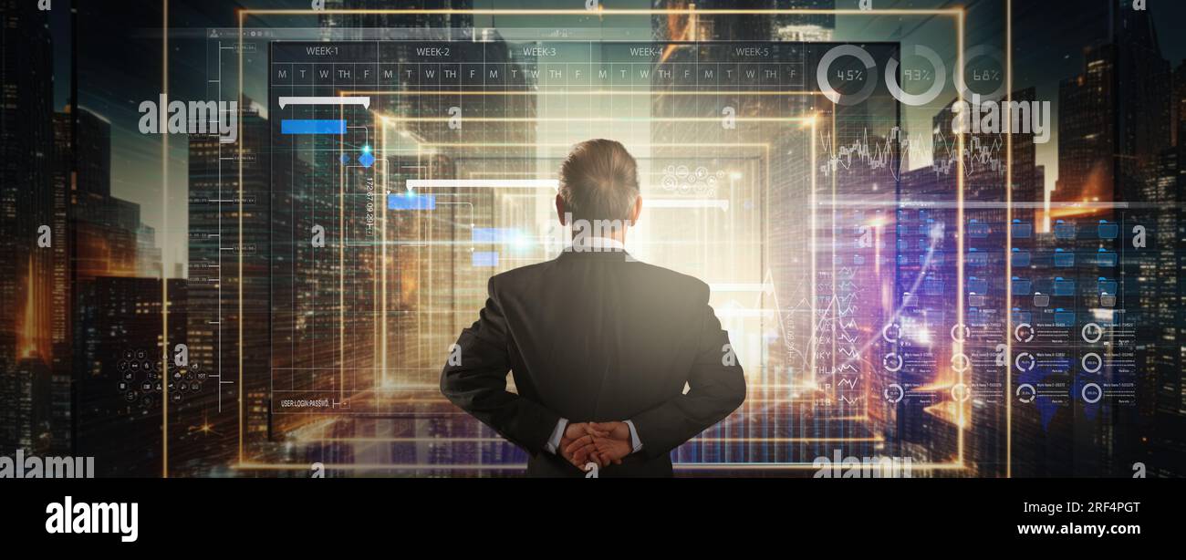 Person, die die Online-Handelsoberfläche mit Diagrammen und Statistiken auf dem VR-Computerbildschirm nutzt, um die Preisentwicklung bei ETF und Tickern zu analysieren. Verkaufen oder kaufen. Best.-Nr. Stockfoto