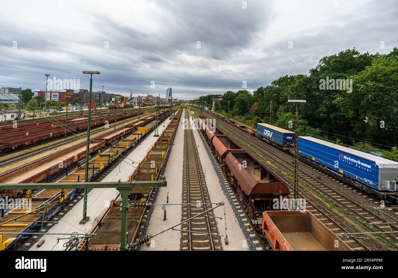 31. Juli 2023, Hessen, Frankfurt/Main: Güterwagen werden auf dem Gelände des Bahnhofs Frankfurt (Main) Ost abgestellt. Die Deutsche Umschlaggesellschaft Schiene-Straße (DUSS) befindet sich ebenfalls auf dem Gelände des Bahnhofs Frankfurt (Main) Ost und hat nach Angaben des Betreibers durchschnittlich 70.000 Container pro Monat (ca. 2.300 Container pro Tag). Foto: Andreas Arnold/dpa Stockfoto