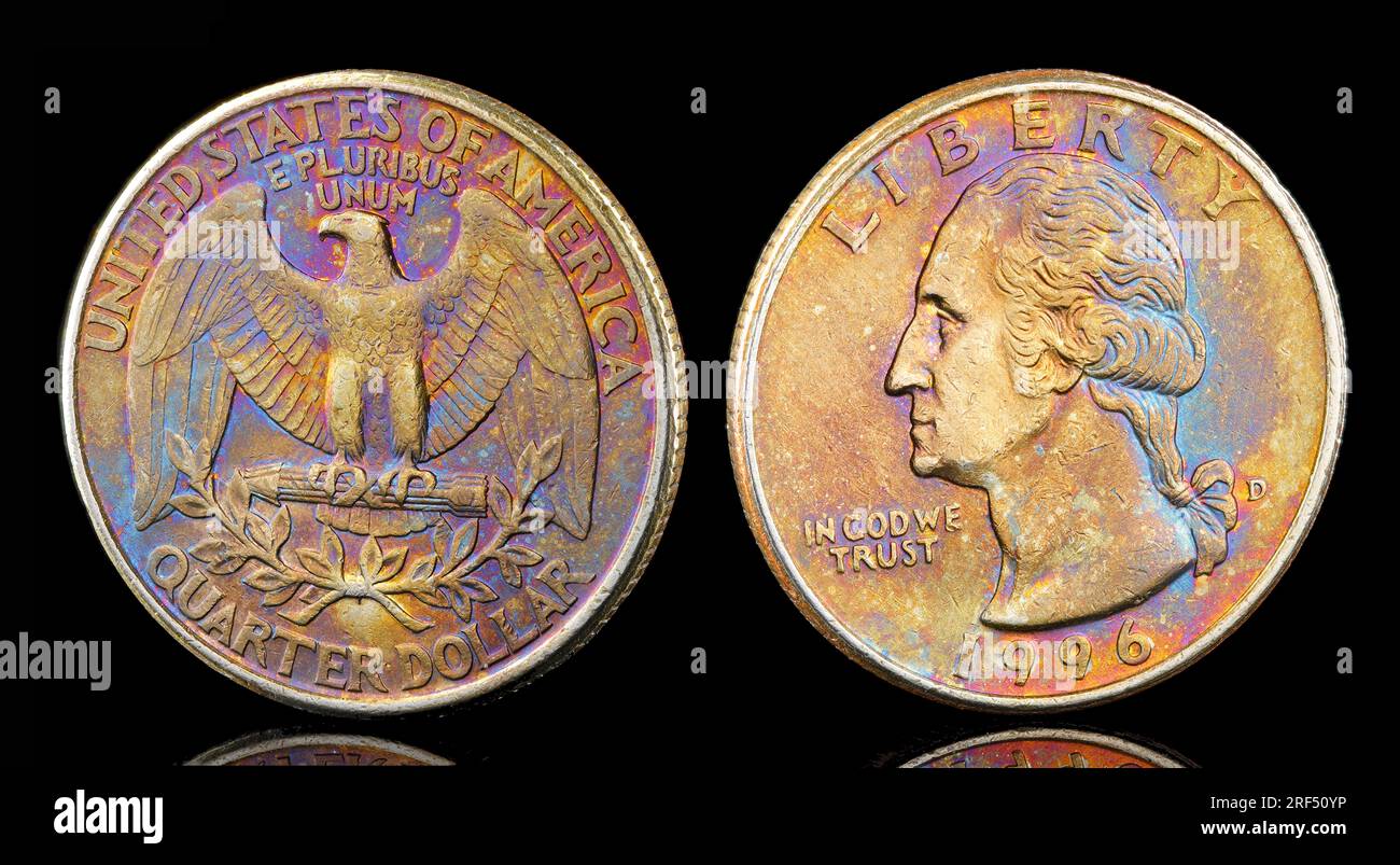 1996 Viertel Dollar mit wunderschöner Regenbogenfarbe. Der obere Teil zeigt ein Porträt von George Washington und umgekehrt zeigt Pfeile, die sich an den Adler Klammern Stockfoto