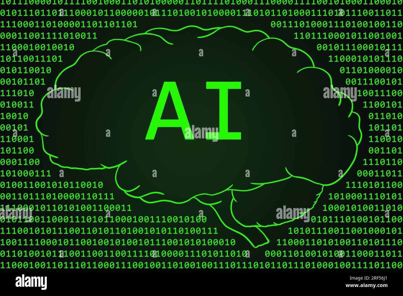 KI-Konzept der künstlichen Intelligenz mit gezeichnetem menschlichem Gehirn und eingetippten Nullen und einem grünen Binärcode. Stockfoto