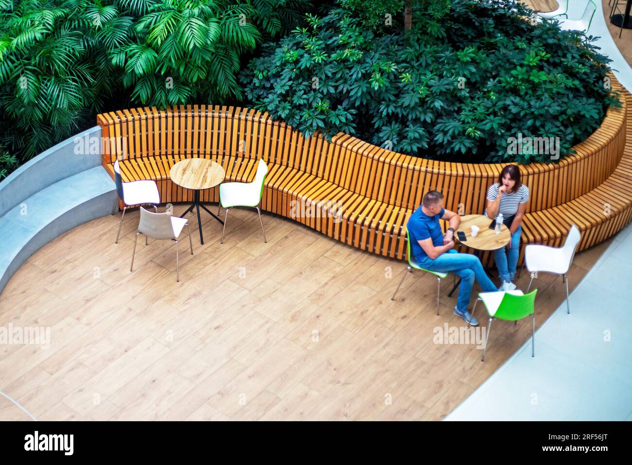 Moderne Öko-Inneneinrichtung mit tropischen Pflanzen in einem Café in einem Supermarkt. Begegnung und Beziehung. Beziehungspsychologie Stockfoto