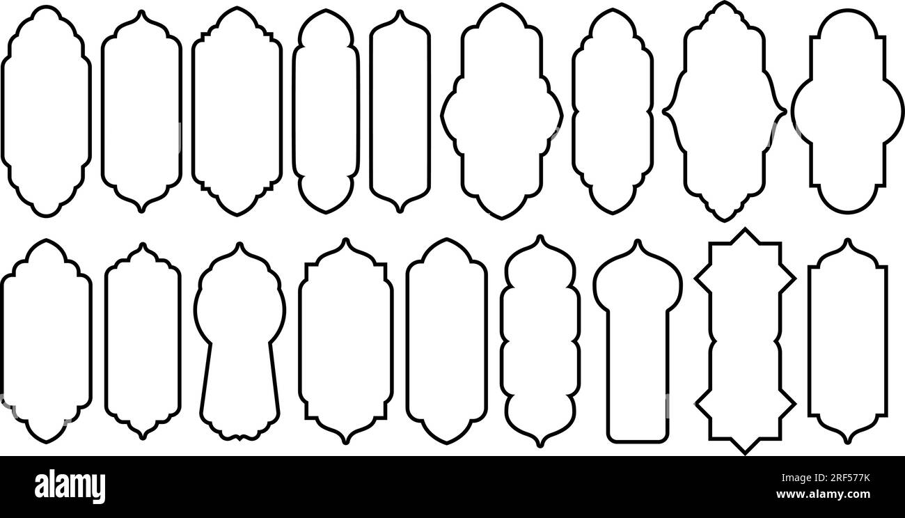 Bogenrahmen für Fenster mit islamischer Vektorform. Moschee-Tor in arabischer, muslimischer Form, Ramadan-Karäem-Silhouette. Islamische Arabeske. Stock Vektor