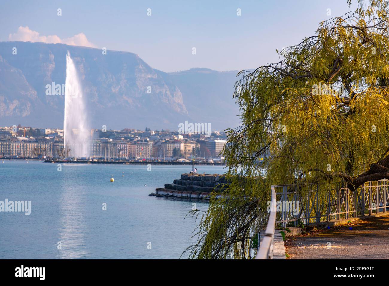 Malerischer Blick vom Genfer See an der Bucht von Genf, dem französischen Teil der Schweiz. Stockfoto