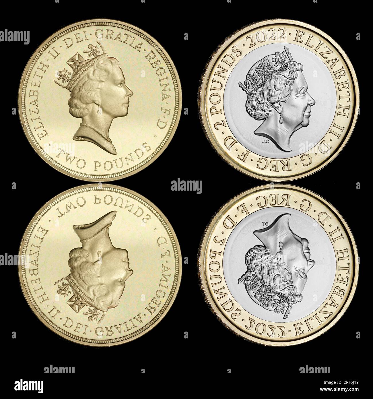 Nickel-Messing-£2-Münze von Königin Elizabeth II. Porträt von Raphael Maklouf und bimetallisches £2-Münzporträt von Königin Elizabeth II. Von Jody Clark Stockfoto