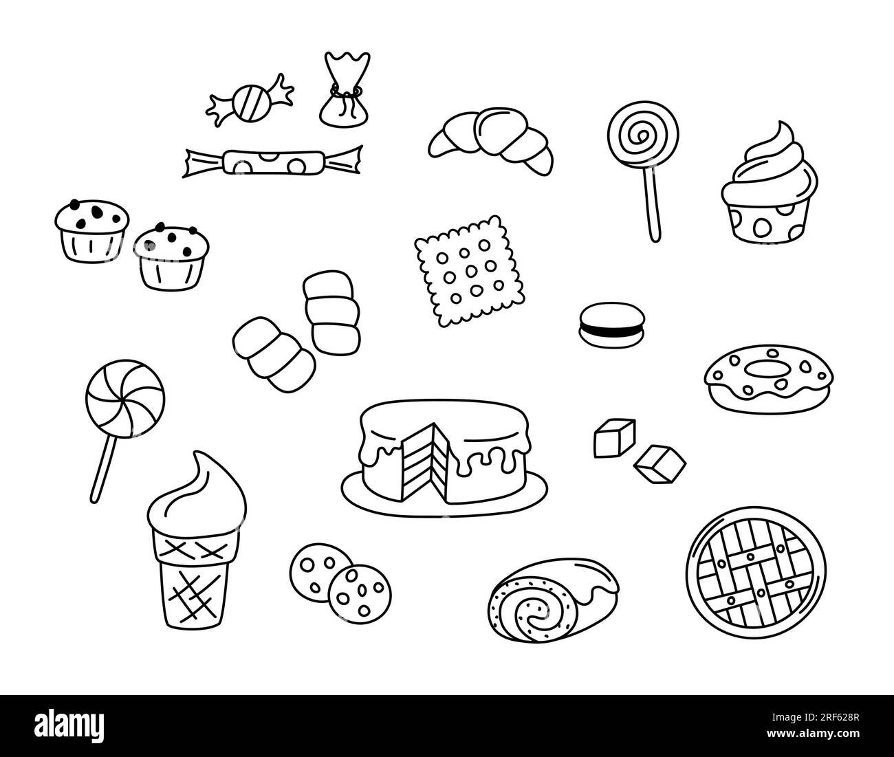 Desserts Vektorkritzelchen. Süße Esselemente isoliert schwarz auf weißem Hintergrund. Handgezeichnete Umrisse von Kuchen, Süßigkeiten, Cupcake, Lutscher Stock Vektor