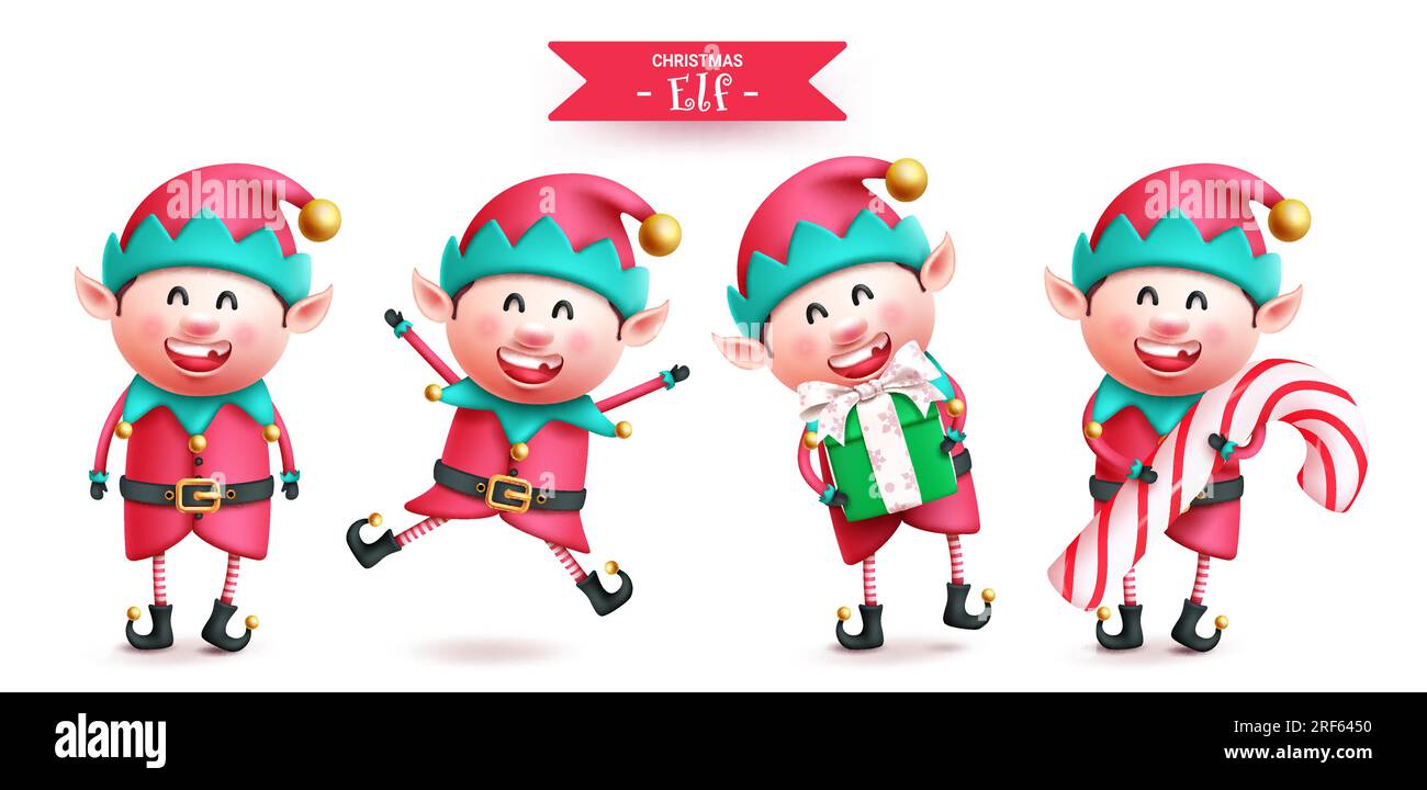 Weihnachtself-Figuren-Vektorset. Weihnachtselfen mit Zuckerrohr und Geschenk für Standpositionen. Vektordarstellung elf Stock Vektor