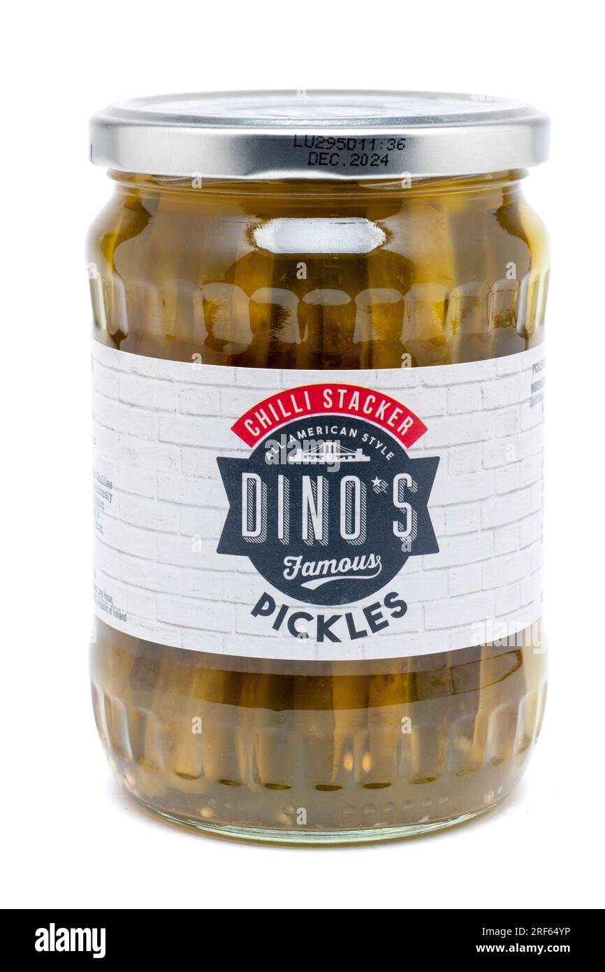 Glas von Dinos berühmten Chilli Stacker Pickles 530g Stockfoto