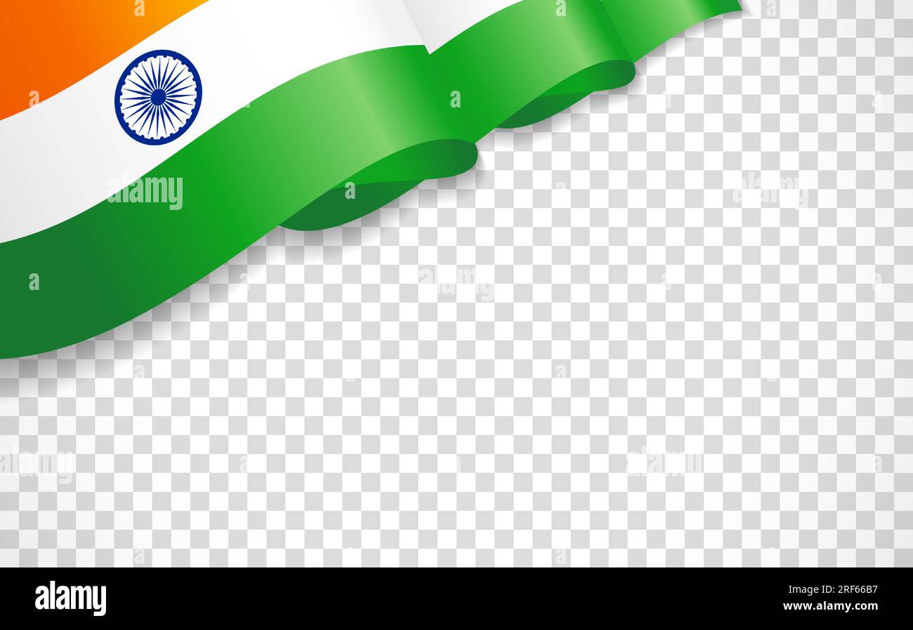 3D Indiens Flagge auf Transplantationshintergrund. Realistische indische Wellenflagge für den Unabhängigkeitstag, 15. August. Nationales Symbol blaues Ashoka-Rad Stock Vektor