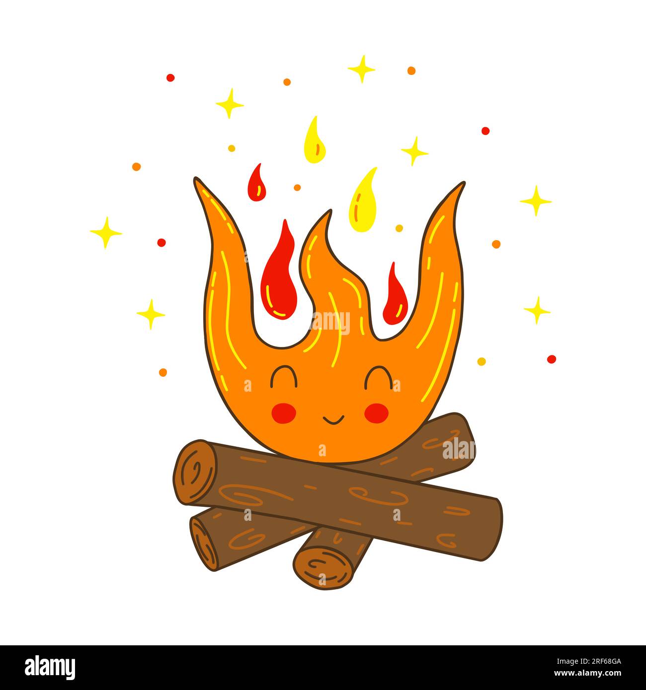 Brennendes gemütliches Lagerfeuer mit Kaminholz und Sternen. Warmes Lagerfeuer. Farbenfrohe, von Hand gezeichnete Vektordarstellung auf weißem Hintergrund mit Kontur Stock Vektor