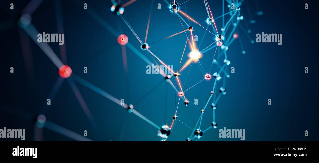 Dynamisches blaues geometrisches Netzwerk, abstrakte Darstellung digitaler Konnektivität, Kommunikation und technologisches Web mit beweglichen Linien und Punkten. Stockfoto