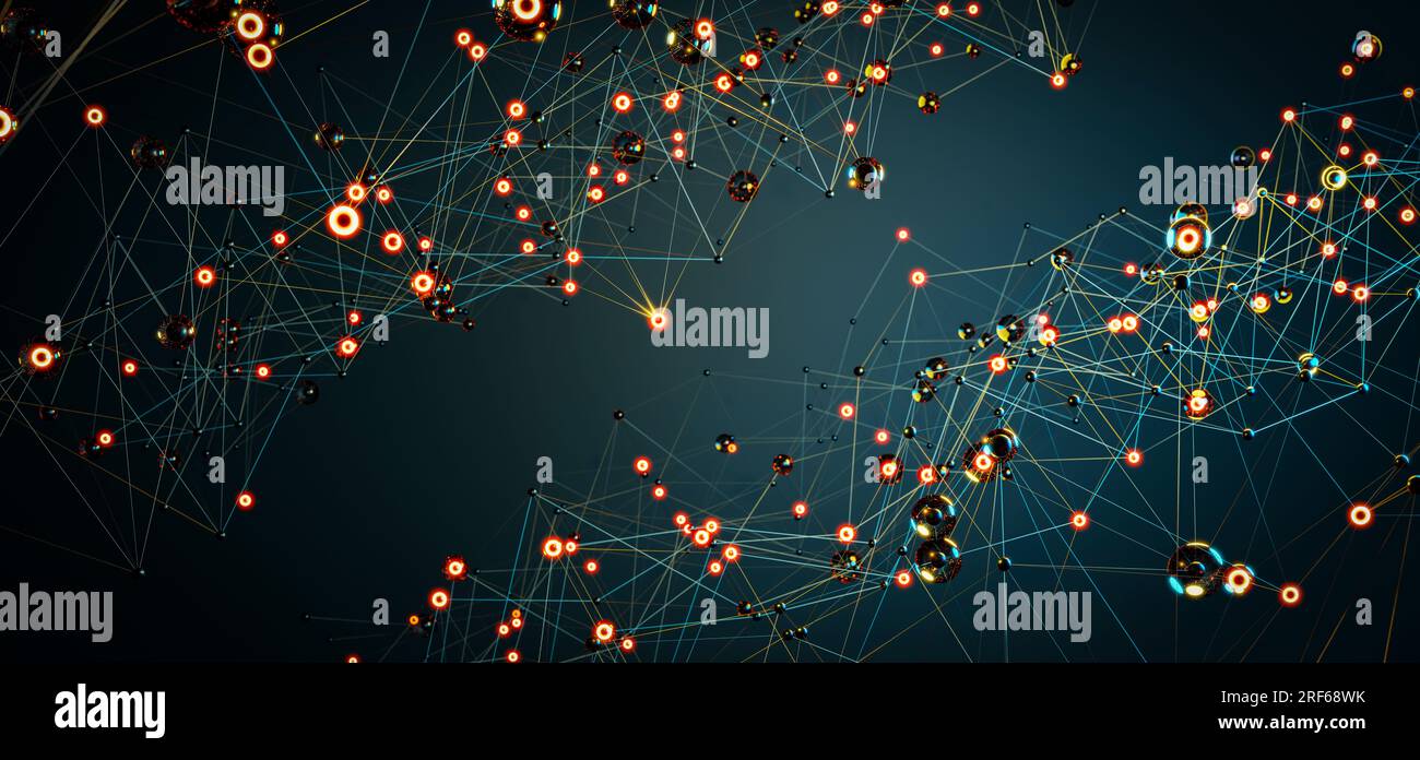 Dynamisches blaues geometrisches Netzwerk, abstrakte Darstellung digitaler Konnektivität, Kommunikation und technologisches Web mit beweglichen Linien und Punkten. Stockfoto