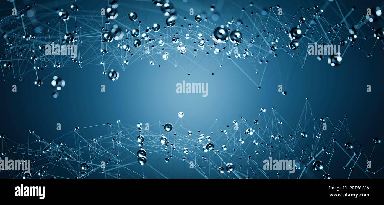 Dynamisches blaues geometrisches Netzwerk, abstrakte Darstellung digitaler Konnektivität, Kommunikation und technologisches Web mit beweglichen Linien und Punkten. Stockfoto