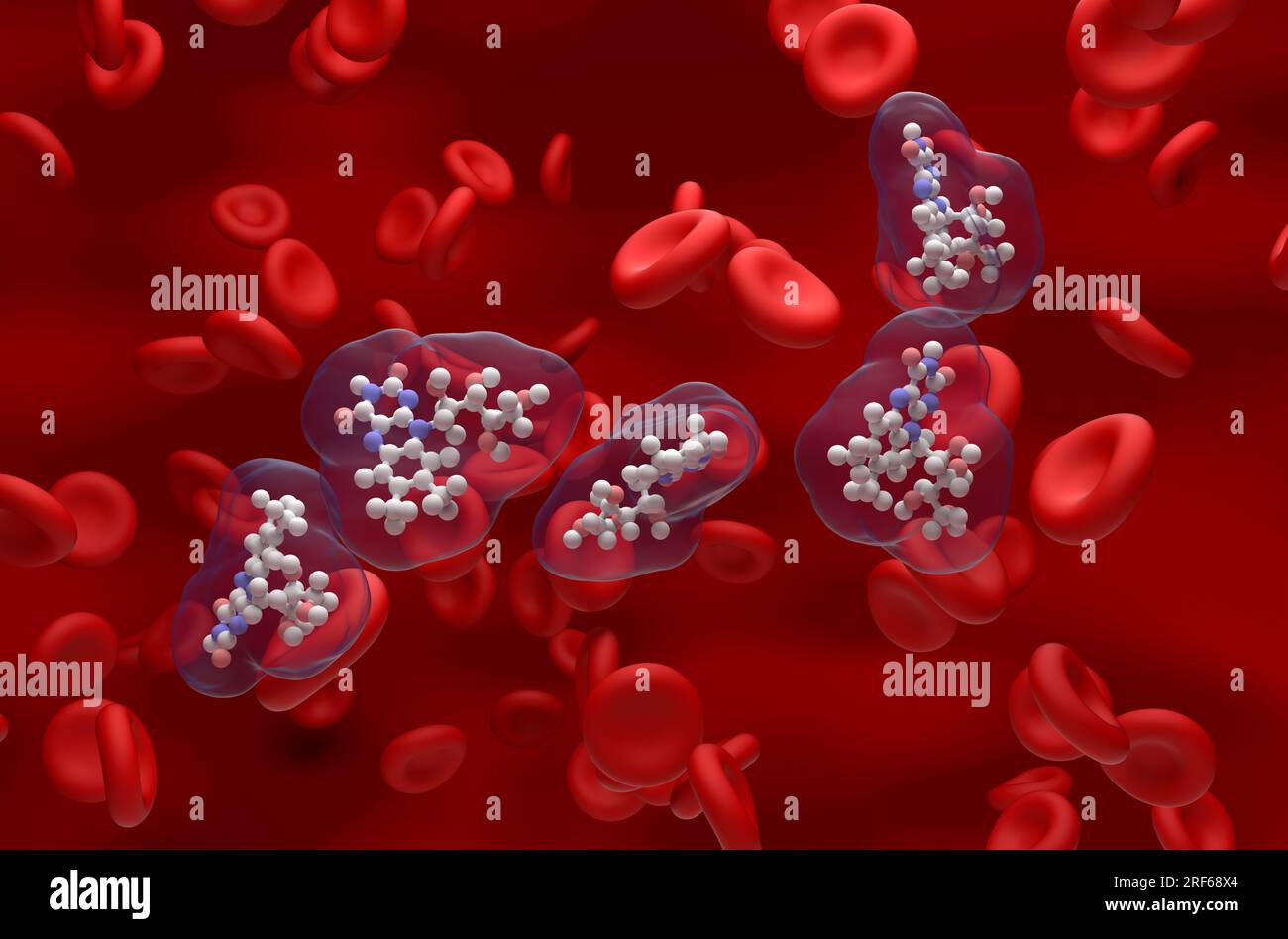 B2-Vitaminstruktur (Riboflavin) im Blutfluss - Kugel und Stab isometrische Darstellung 3D Stockfoto