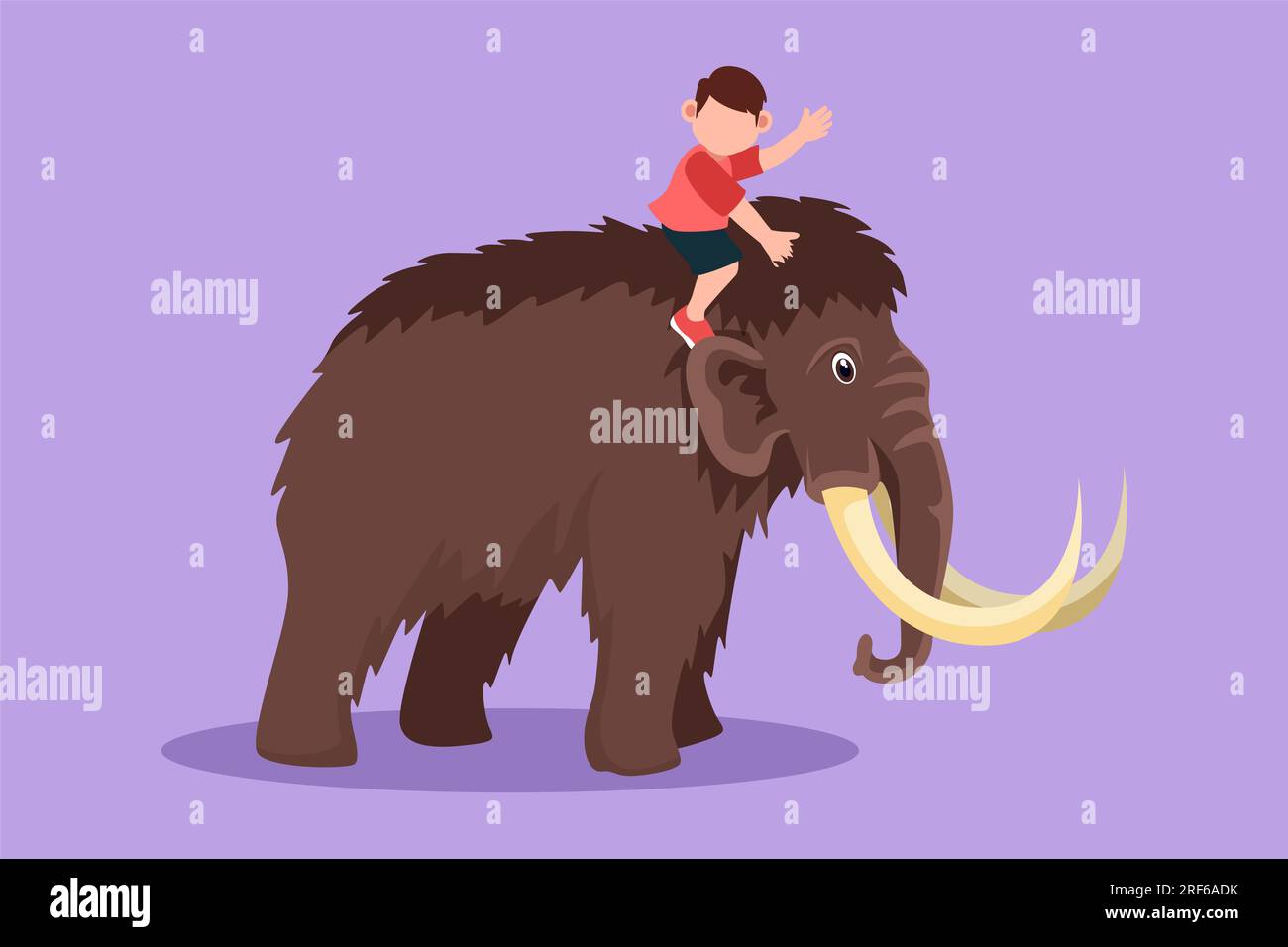 Figur-Flachzeichnung eines tapferen kleinen Höhlenmenschen, der auf einem wolligen Mammut reitet. Süße Kinder, die auf dem Rücken eines Mammuts sitzen. Kinder im Steinalter spielen. Anci Stockfoto