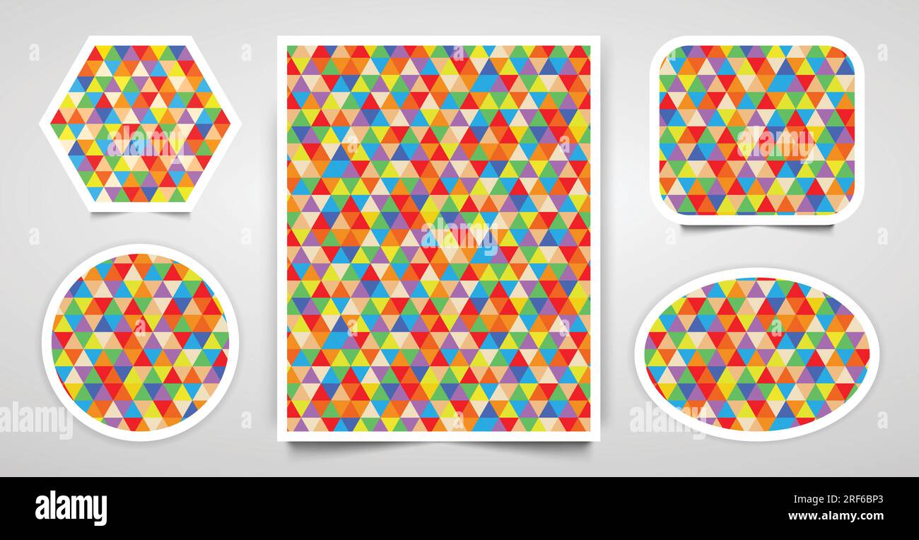 Set abstrakter geometrischer, farbenfroher Dreiecksmuster, Hintergrund mit verschiedenen Formen Stock Vektor