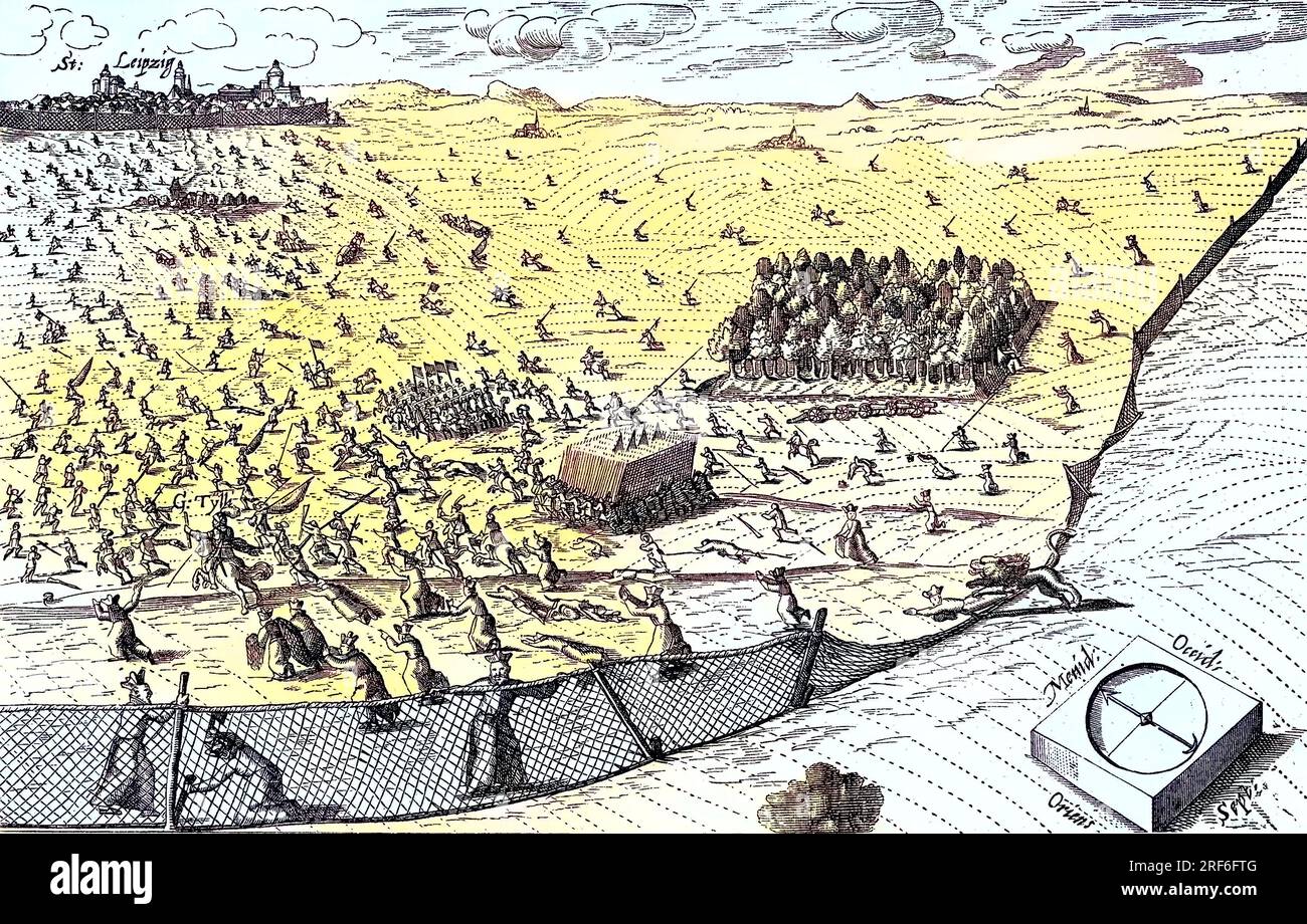 Dreißigjähriger Krieg, der Löwe aus dem Norden durchbricht die von den Jesuiten gezogenen Netze, im Hintergrund Leipzig, satirisches Flugblatt zur Schlacht bei Breitenfeld, Print 1632, Deutschland, Digital improved Reproduktion eines Originaldrucks aus dem 19. Jahrhundert / Dreißigjähriger Krieg bricht der Löwe aus dem Norden die von den Jesuiten gezogenen Netze, im Hintergrund Leipzig, satirisches Flugblatt über die Schlacht von Breitenfeld, gedruckt 1632, Deutschland, digital verbesserte Reproduktion eines Originaldrucks aus dem 19. Jahrhundert Stockfoto
