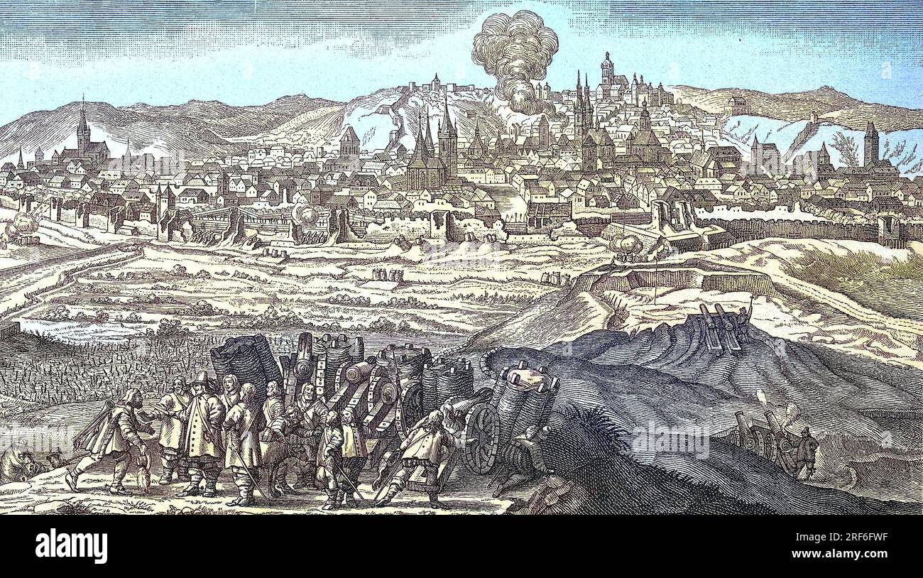30-jähriger Krieg, Bombardierung Prags durch Carl Gustav von Pfalz-Zweibrücken, Szene im Vordergrund, Karl Gustav erhält durch einen Boten die Nachricht vom Abschluss des Westfälischen Friedens, 1648, Digital improved Reproduktion eines Originaldrucks aus dem 19. Jahrhundert / 30 Jahre Krieg, Bombardierung von Prag durch Carl Gustav von Pfalz-Zweibrücken, Szene im Vordergrund, erhält Karl Gustav von einem Boten die Nachricht vom Abschluss des Friedens von Westfalen, 1648, digitale verbesserte Reproduktion eines Originaldrucks aus dem 19. Jahrhundert Stockfoto