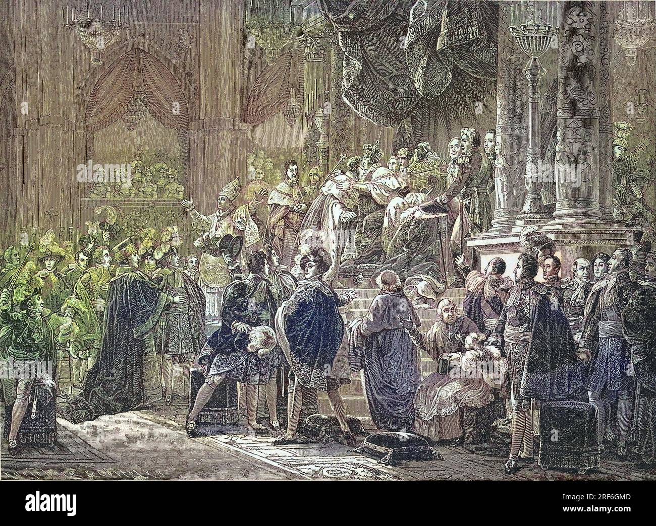 Die Übertragung und Legitimation der politischen Macht an Karl X. in Reims am 29. Mai 1825, Frankreich, digitale Verbesserung Reproduktion eines Originaldrucks aus dem 19. Jahrhundert / die Übertragung und Legitimation politischer Macht an Charles X in Reims am 29. Mai 1825, Frankreich, verbesserte die digitale Reproduktion eines Originaldrucks aus dem 19. Jahrhundert Stockfoto