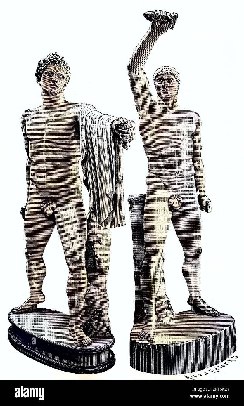 Die Antike Statuengruppe wird Tyrannenmörder genannt, dargestellt sind Harmodios und Aristogeiton, sie töteten den Bruder des Tyrannen Hippias, Hipparch im Jahr 514 v. Chr., sie waren athenische Helden, deren Mut den Weg für die athenische Demokratie ebnete, die 477/76 v. Chr. Gegründet war, heute im Archäologischen Nationalmuseum Neapel, Italien, digitale Verbesserung Reproduktion eines Originaldrucks aus dem 19. Jahrhundert / die antike Gruppe von Statuen wird Tyrannmörder genannt, sind vertreten Harmodios und Aristogeiton, sie töteten den Bruder des Tyrannen Hippias, Hipparch im Jahr 514 Stockfoto