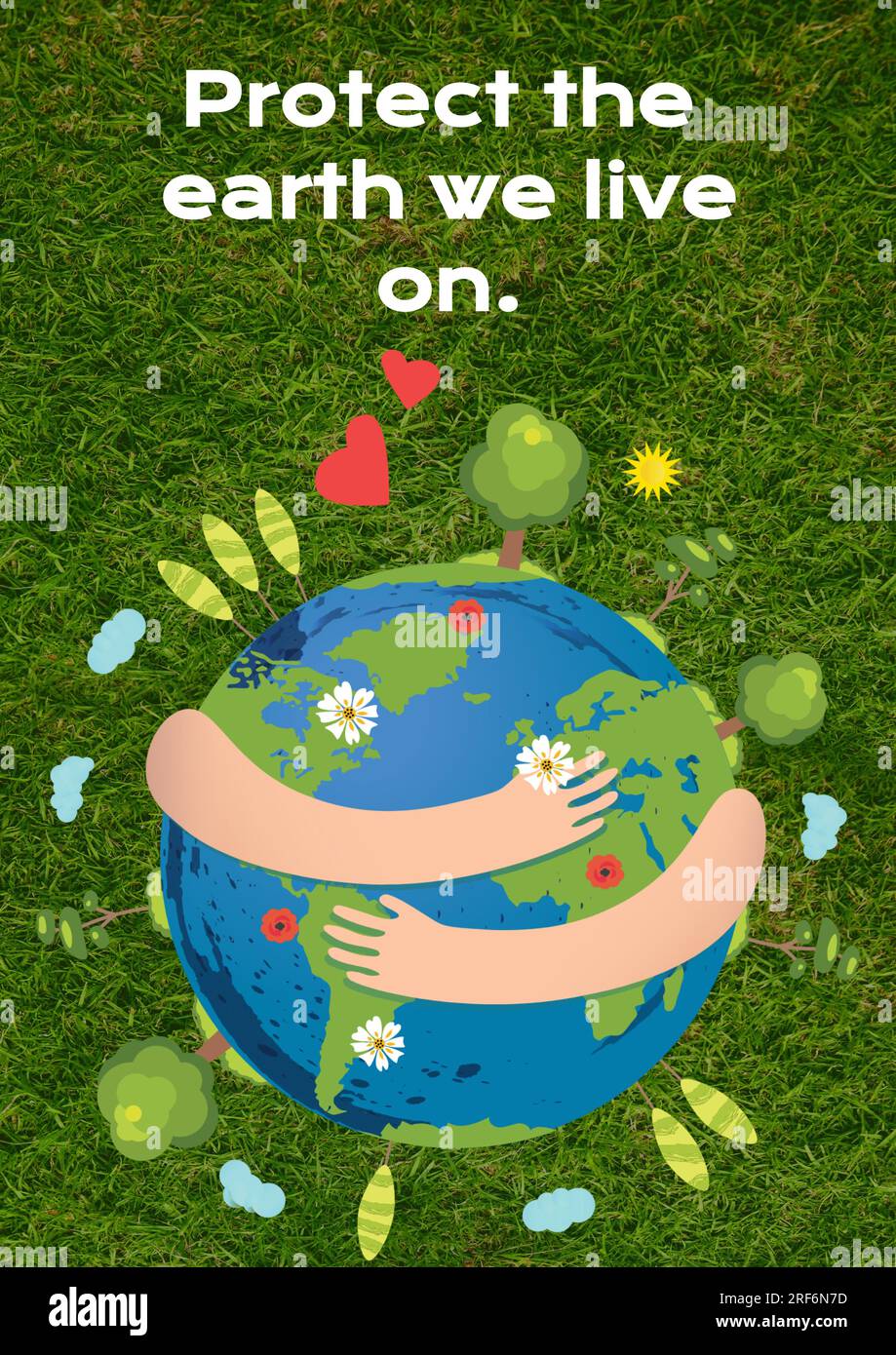 Die Zusammensetzung von Protect the Earth we live on Text over planten Earth on Grass background Stockfoto