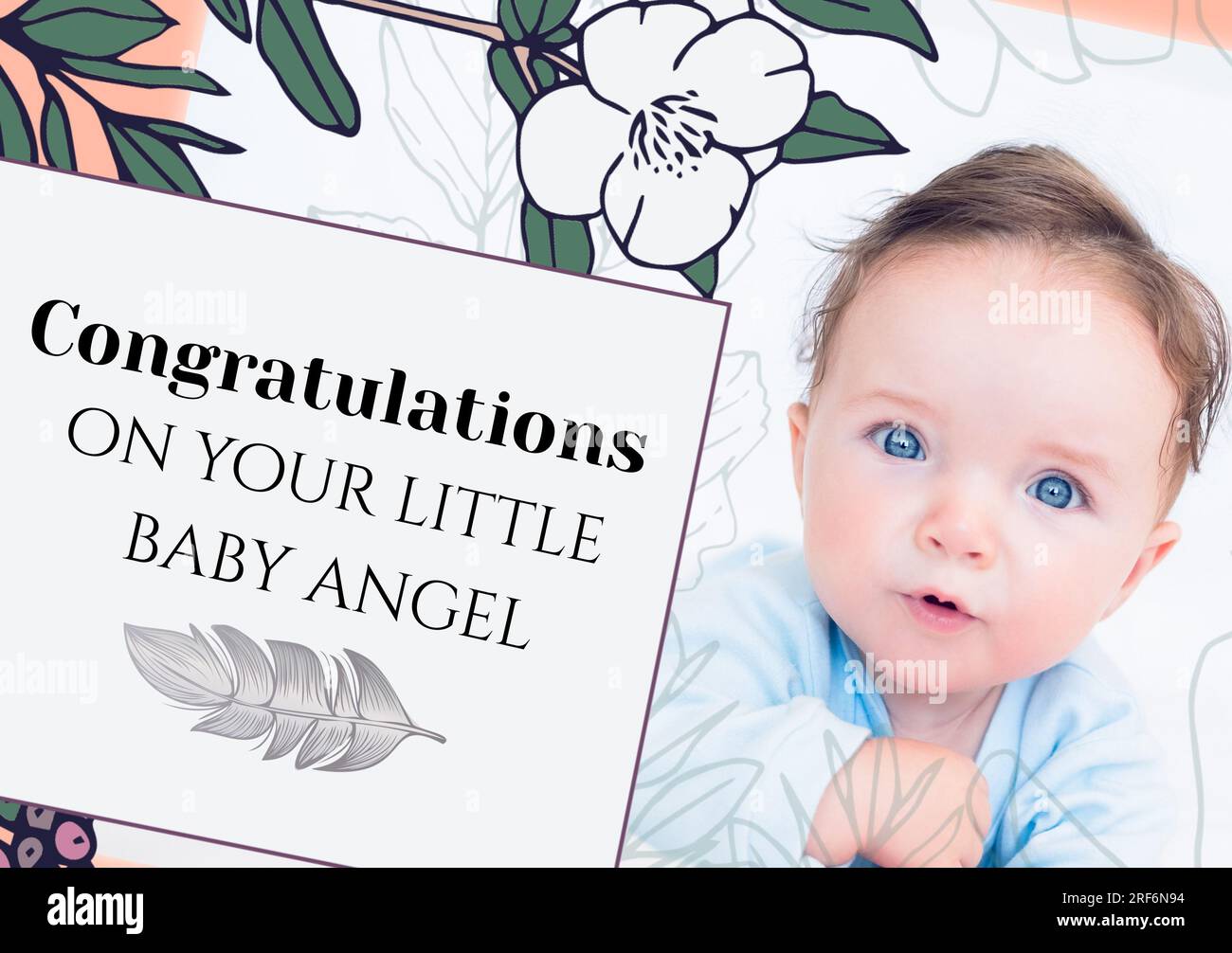 Komposition von Gratulation zu deinem kleinen Baby-Engel-Text und Foto von weißem Baby Stockfoto