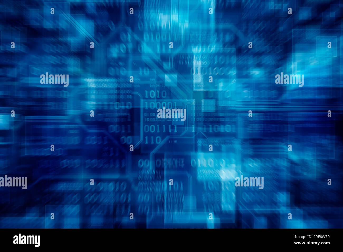 Glänzender blauer Hintergrund. Binärer Hintergrund im Matrixstil mit fallender Zahl und technologischem Hintergrund. Stockfoto