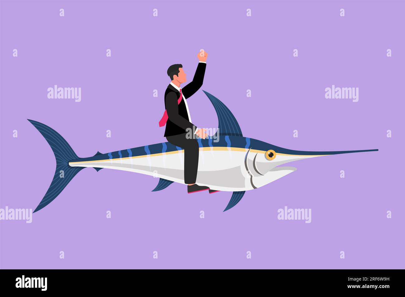 Cartoon-Zeichnung im flachen Stil eines mutigen Geschäftsmanns, der riesige gefährliche Marlin-Fische reitet. Professioneller Unternehmercharakter kämpft mit Bestienräutern. Busi Stockfoto