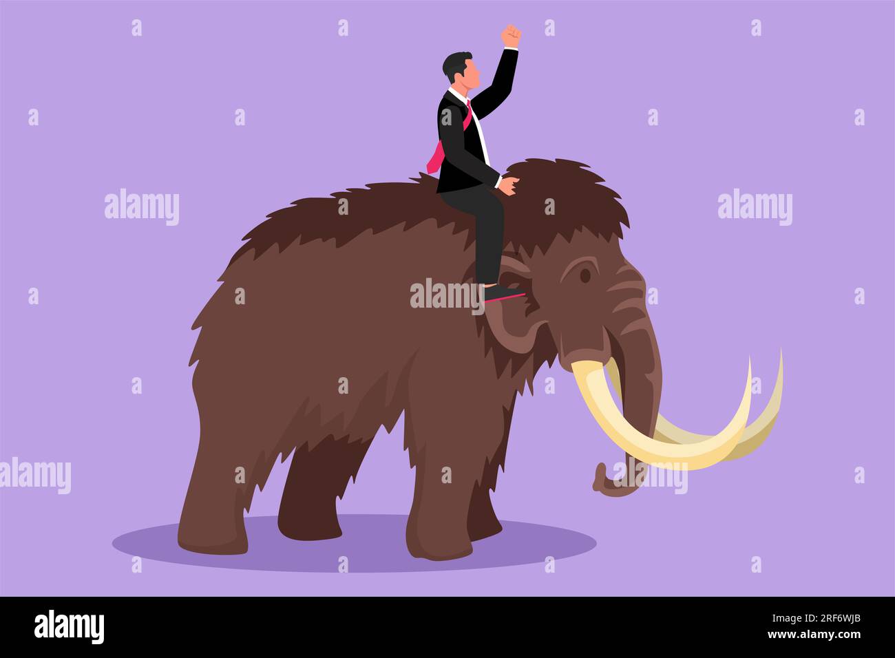 Cartoon-Zeichnung eines jungen Geschäftsmannes, der ein riesiges gefährliches Mammut reitet. Professioneller Unternehmer, männlicher Charakter, Kampf mit Raubtier. Erfolgreich Stockfoto