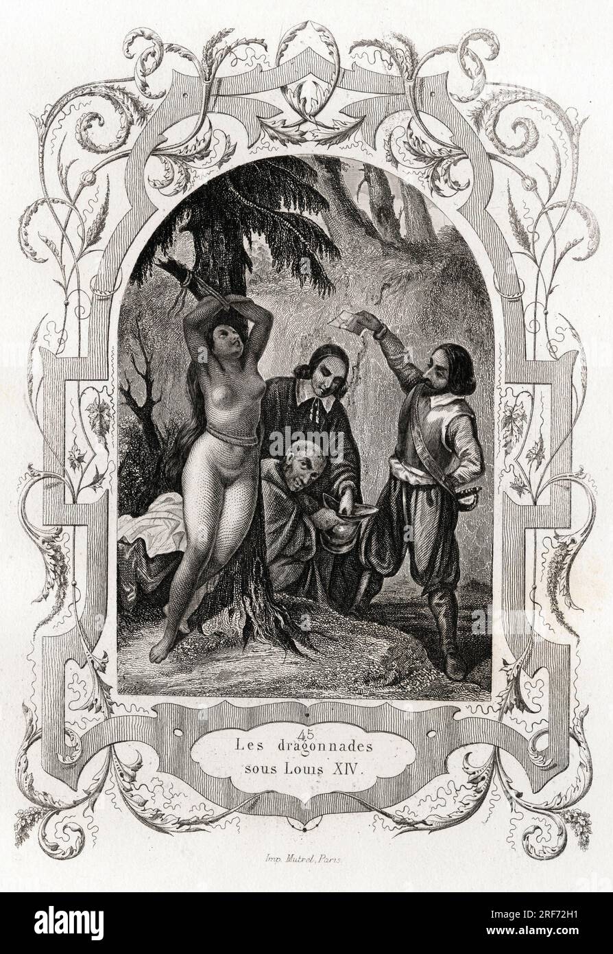 Les Dragonnades sous Louis XIV (1643-1715), Verfolgungsjagd der protestanten. Gravure pour Illustrator Histoire des papes par Maurice Lachatre ( 1814-1900), librairie du Progres, Paris. Stockfoto