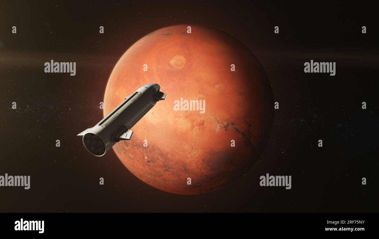 3D-Grafiken des Mars, die sich im Weltraum drehen. Raumschiff umkreist roten Planeten. Bemannte Weltraumforschungsmission. Zukünftiges Kolonisations- und Universum-Explorationskonzept. Technologischer Fortschritt. Stockfoto