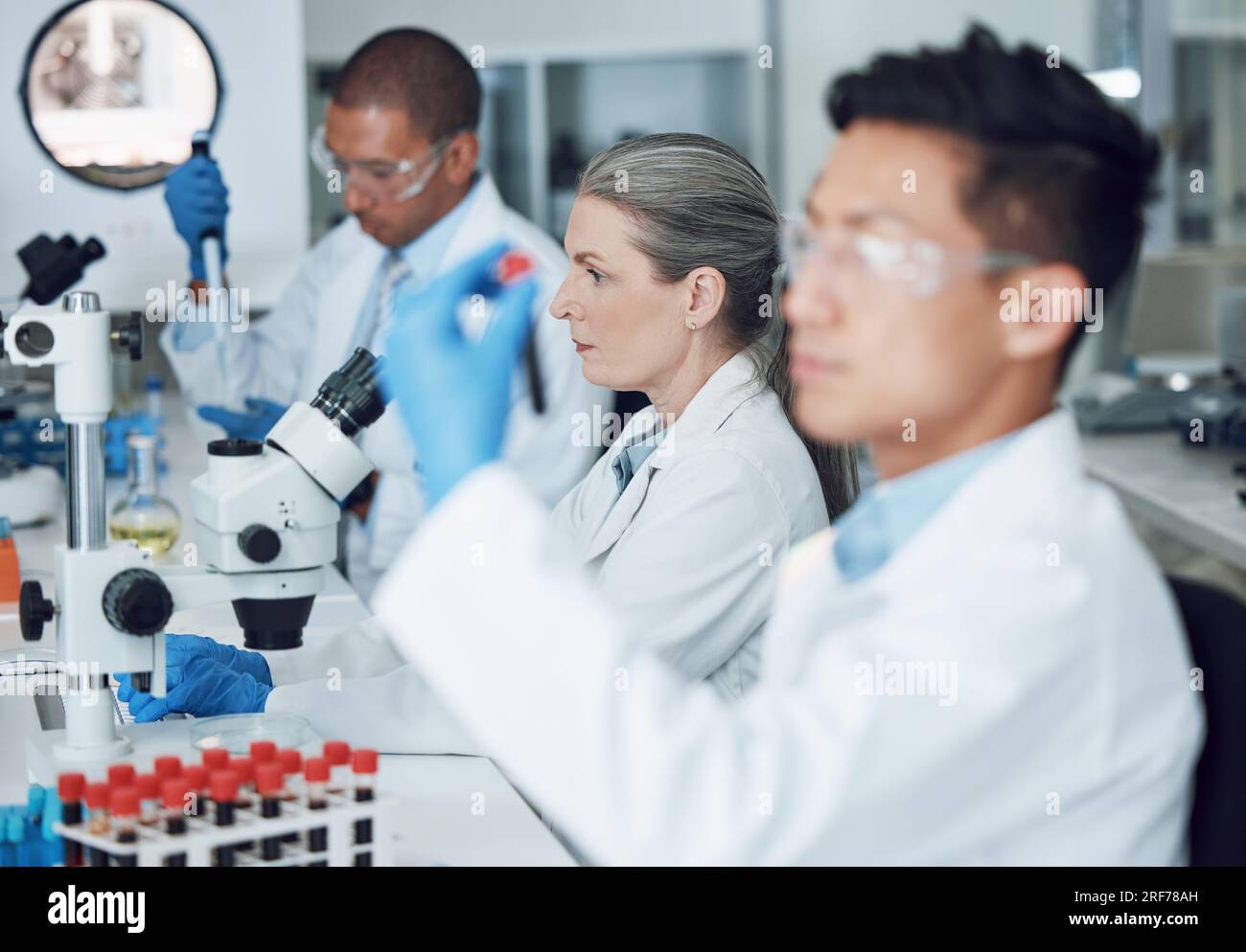 Untersuchung, Blutprobe und Wissenschaftler mit Forschung in einem Labor für medizinische Analyse oder Innovation. Wissenschaft, medizinische Entwicklung oder Forscher Stockfoto