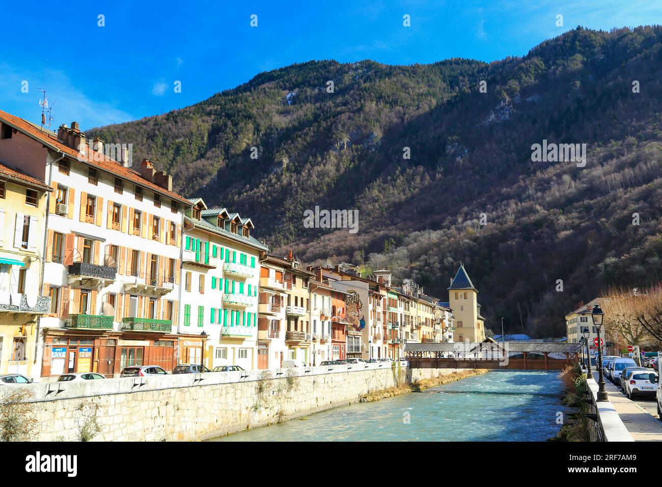 Stadt Moutiers im Tarentaise-Tal, Haute-Savoie-Alpen, Frankreich. Stockfoto
