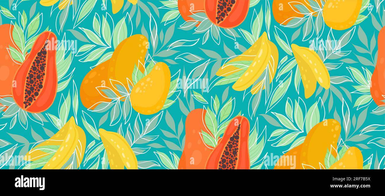Oberflächengestaltung mit Lebensmitteln. Vektortextur mit Mango, Papaya, Bananen und üppigem Laub. Tropisches Muster mit Früchten und Blättern auf Türkis Stock Vektor