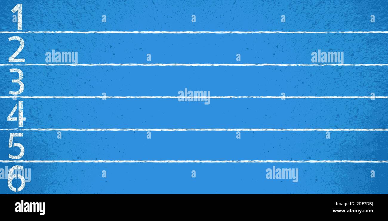 Draufsicht auf die blaue Rennstrecke. Gummi-Oberflächenstruktur. Luftaufnahme der Startnummern der Wettkampfstrecke des Stadions, getrennt durch weiße lin Stock Vektor