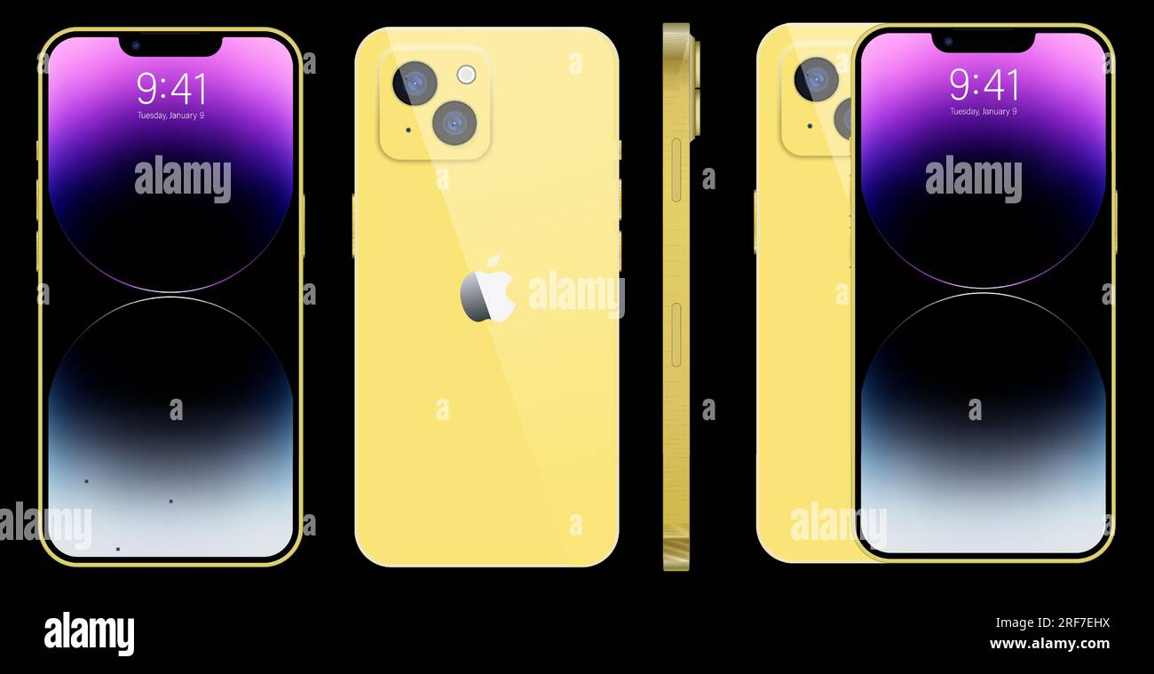 Neues iPhone 14 pro, pro max Deep Golden Color von Apple Inc iphone mit Mockup-Bildschirm und iphone auf der Rückseite. Hohe Qualität. Editorial Stock Vektor