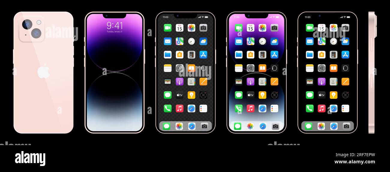 Das neue pinkfarbene iPhone 14. Apple inc. Smartphone mit ios 14.  Gesperrter Bildschirm, Navigationsseite des Telefons, Startseite mit 47  beliebten Apps. Schwarzer Hintergrund. Editori Stock-Vektorgrafik - Alamy