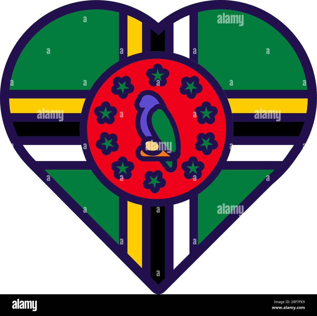 Patriot Heart in den Farben der nationalen Dominica-Flagge. Festliches Element, Attribute des Dominica-Unabhängigkeitstages. Cartoon-Vektorsymbol in den nationalen Farben von CO Stock Vektor