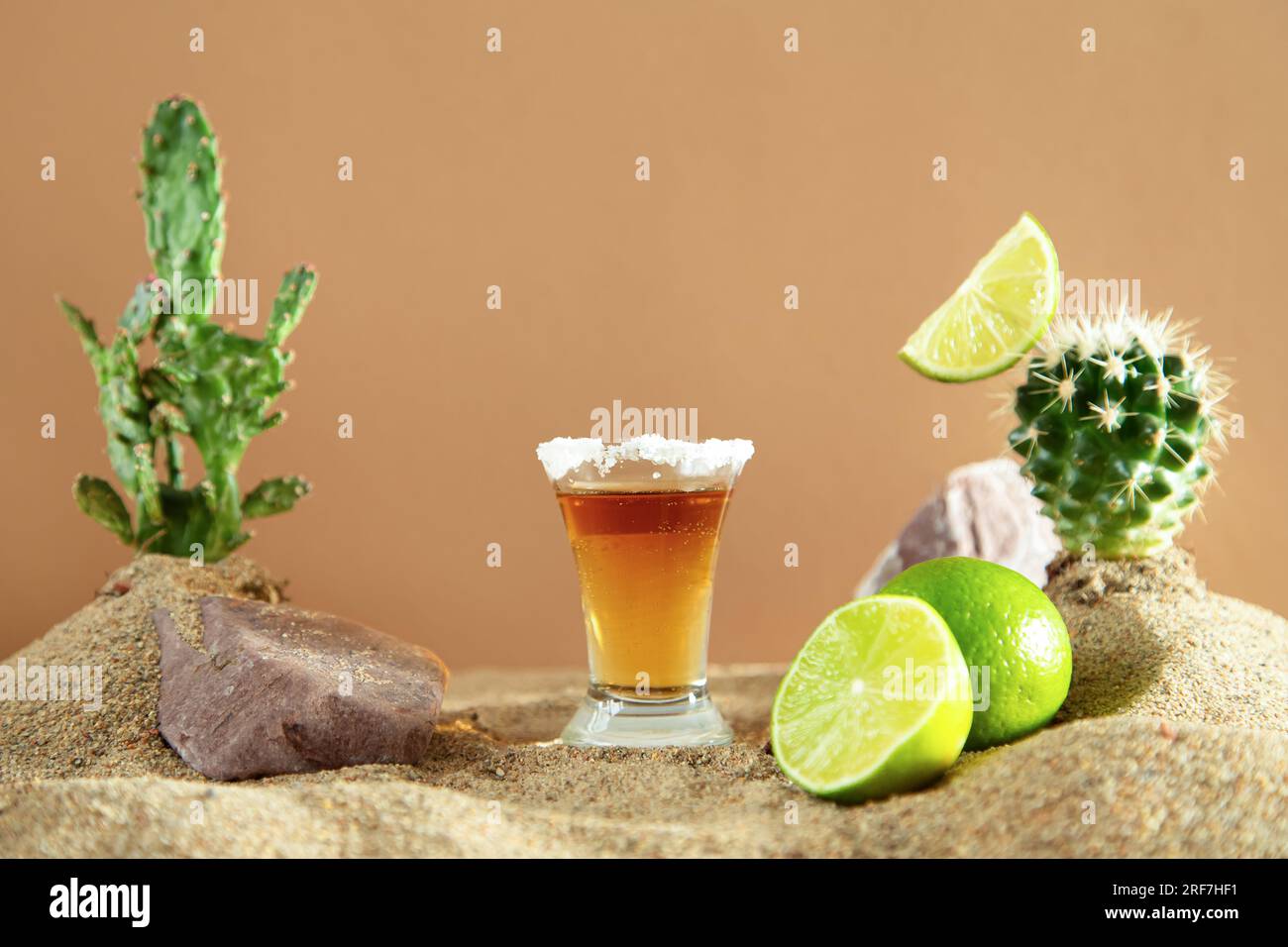 Ein Schuss mexikanischer Tequila mit Limette und Salz zwischen Sanddünen und Kakteen. Beiger Hintergrund. Stockfoto