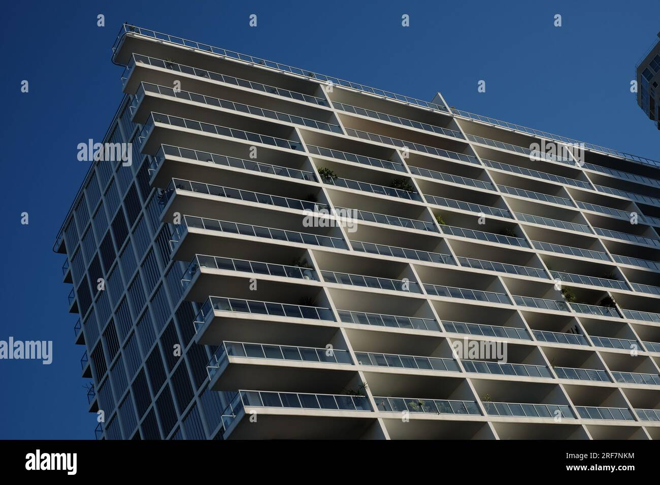 Geometrisches Muster, klares Glas, weiße Linien und offene Veranden, die auf einem Gitter ausgerichtet sind, Stockwerk für Etage des Apartment Block - Kings Cross Sydney Stockfoto