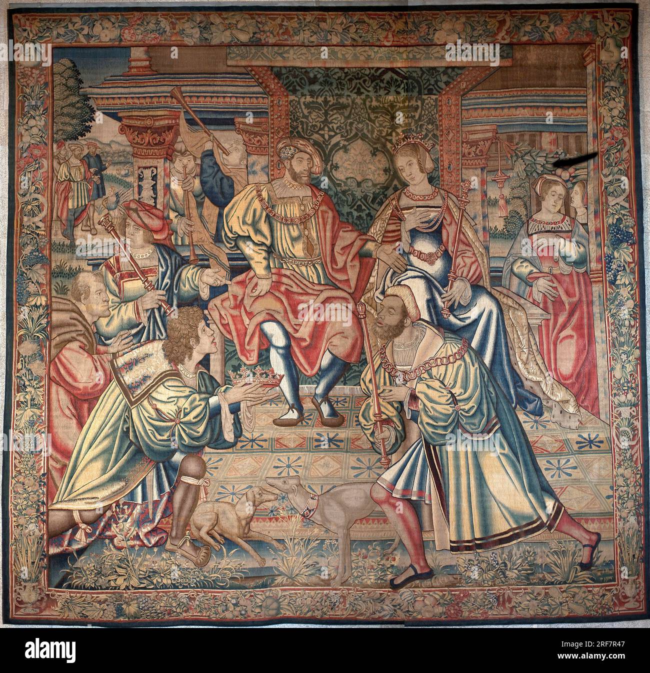 Cycle d'Oedipe : Oedipe et Jocaste - A gauche, Oedipe dechiffre l'enigme du sphinx, au Centre, Oedipe est assis sur le trone aupres de la reine Jocaste, sa mere - Tapisserie, (415 x 417 cm), carton attribue a Bernard van Orley (Barend, Barent, Bernaert van Brussel, 1488-1541) Et a l'Atelier de Pieter Coecke van Aelst l'Ancien (1502-1555), 1525-1535 - Art belge, 16e siecle - Musee de Lamego (Portugal) Stockfoto