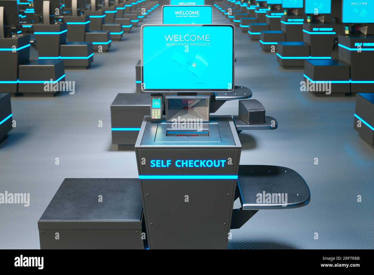 Self-Service-Checkout im Shop. Bereit zum Scannen und Bezahlen der Artikel Stockfoto