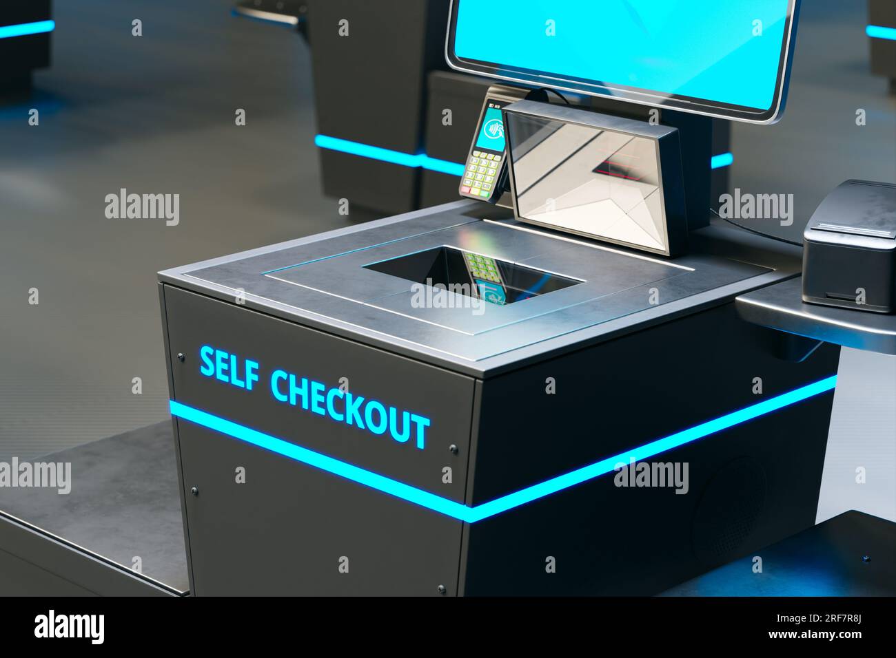 Self-Service-Checkout im Shop. Bereit zum Scannen und Bezahlen der Artikel Stockfoto