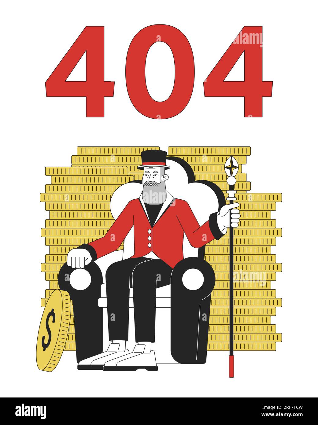 Bärtiger alter Geschäftsmann unter Münzen Fehler 404 Flash-Nachricht Stock Vektor