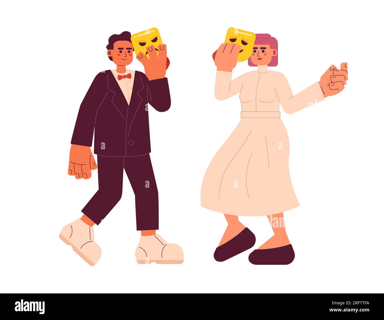 Theaterschauspieler mit Tragödie und Komödie maskieren halbflache Vektorfiguren Stock Vektor