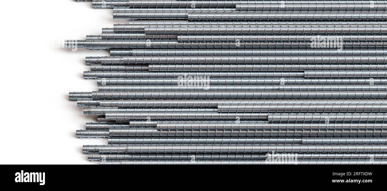 Horizontaler Hintergrund von Stahlstäben auf weißem Hintergrund. 3D-Rendern Stockfoto